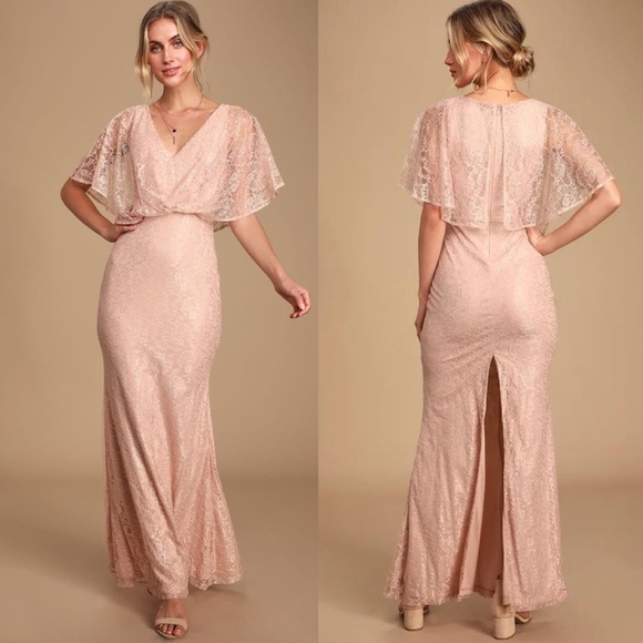NWT Lulu’s Bliss Delight Blush Pink Lace Flutter Sleeve Maxi Dress - Picture 1 of 7